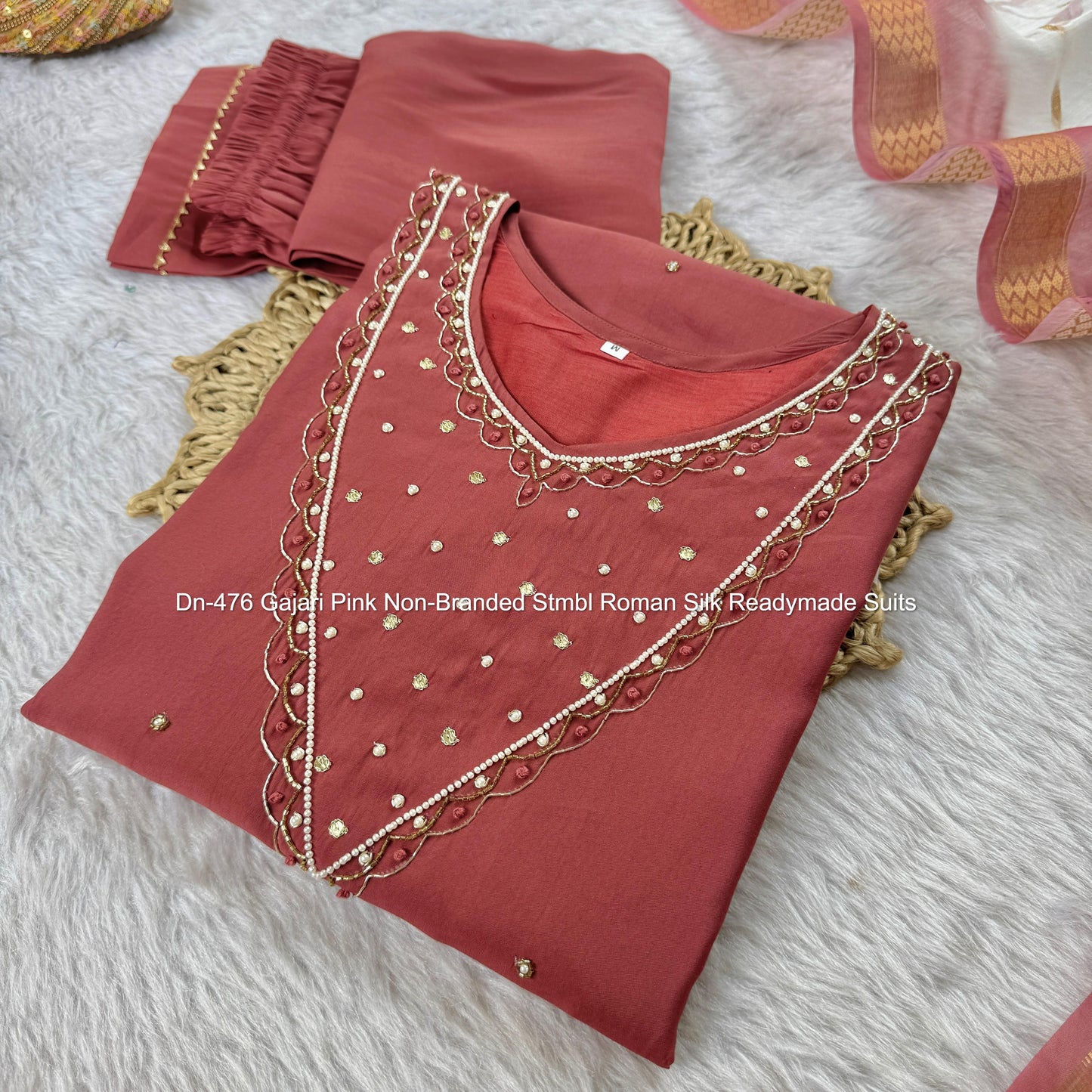 Dn-476 Gajari Pink Non-Branded Stmbl Roman Silk Readymade Suits