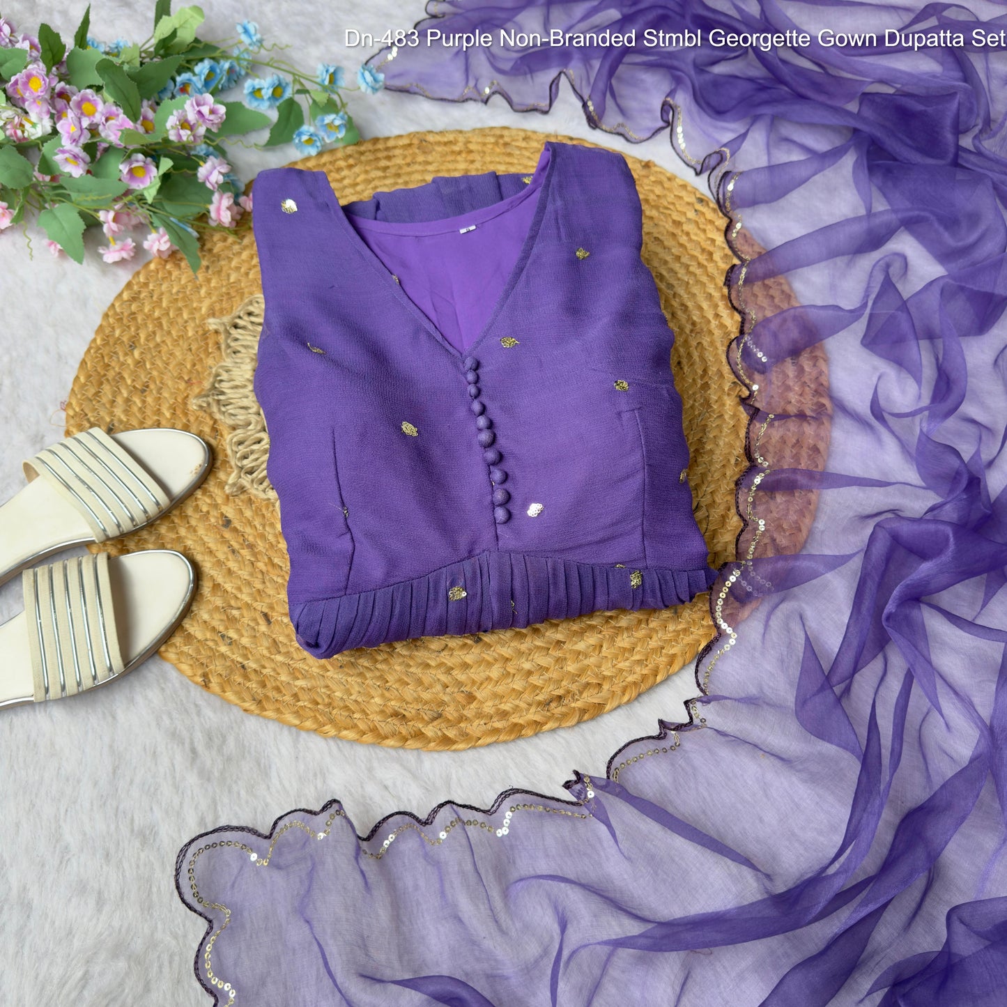 Dn-483 Purple Non-Branded Stmbl Georgette Gown Dupatta Set