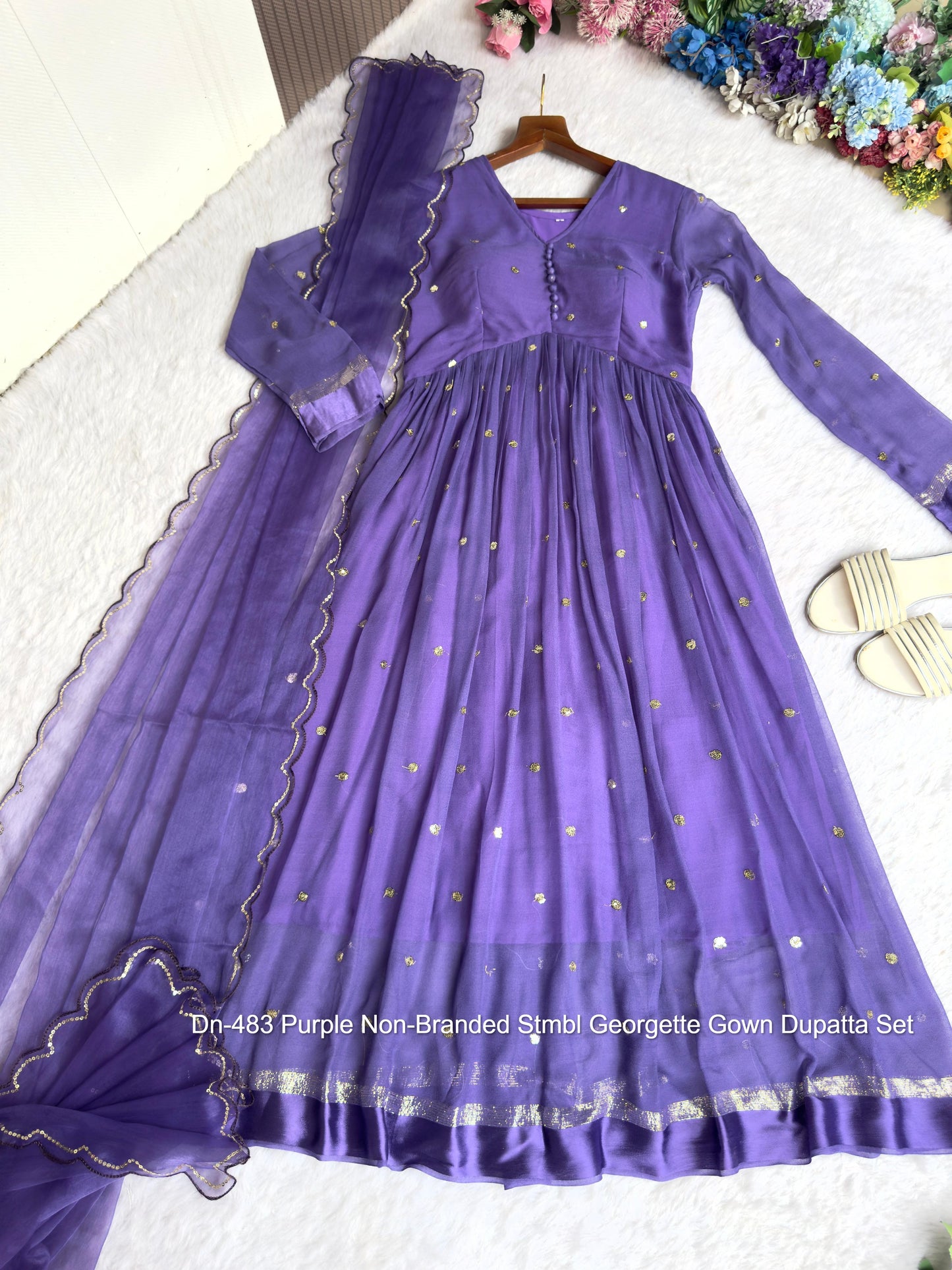 Dn-483 Purple Non-Branded Stmbl Georgette Gown Dupatta Set