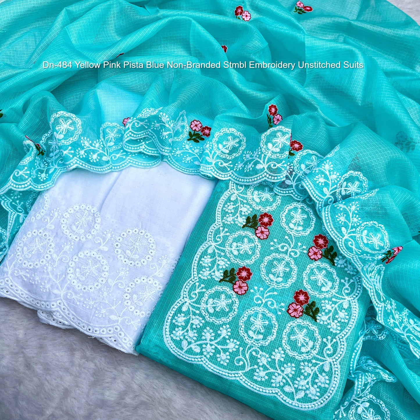 Dn-484 Yellow Pink Pista Blue Non-Branded Stmbl Embroidery Unstitched Suits