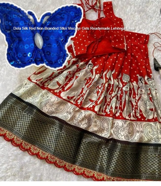 Dola Silk Red Non-Branded Stkri Viscose Girls Readymade Lehenga Choli
