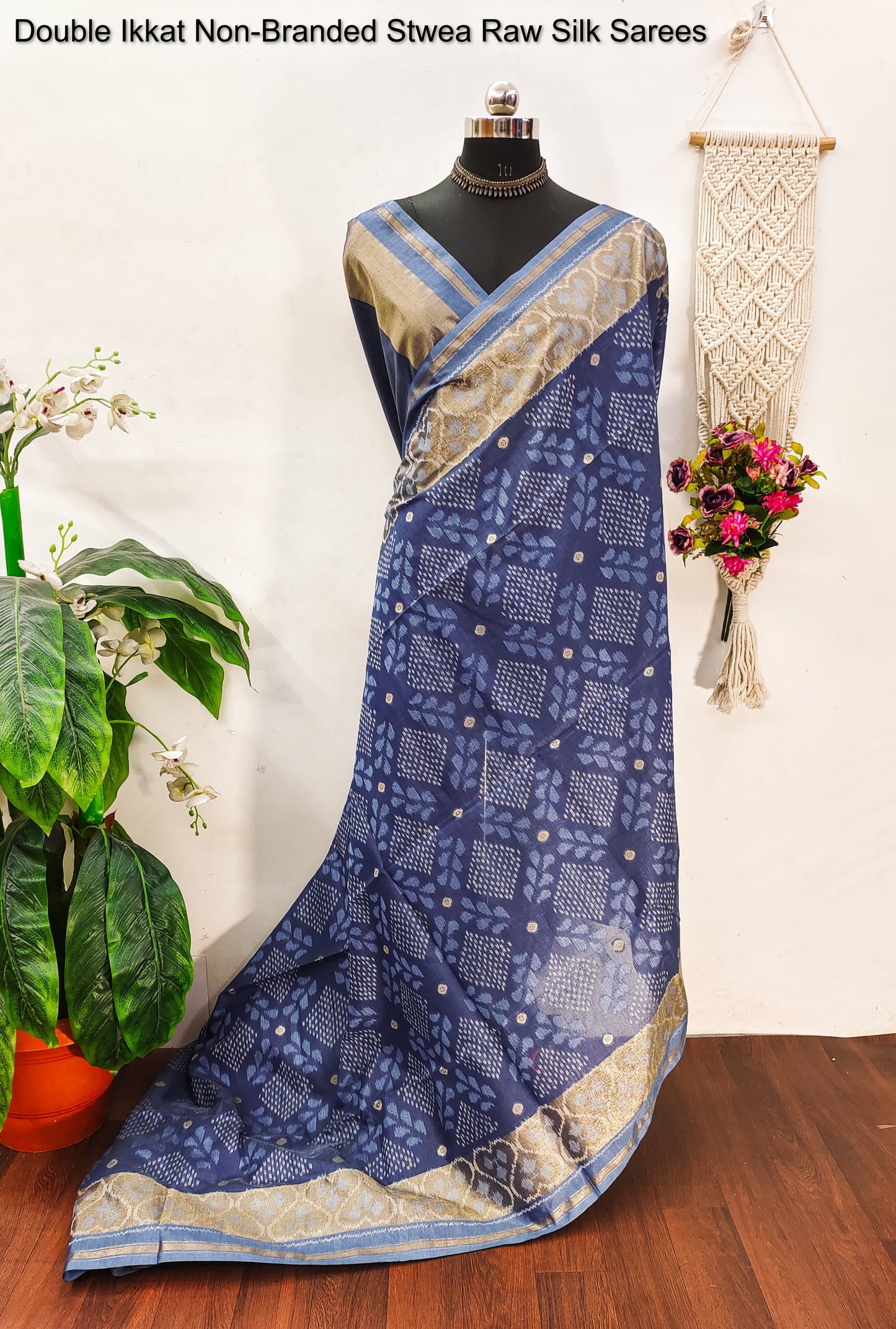 Double Ikkat Non-Branded Stwea Raw Silk Sarees
