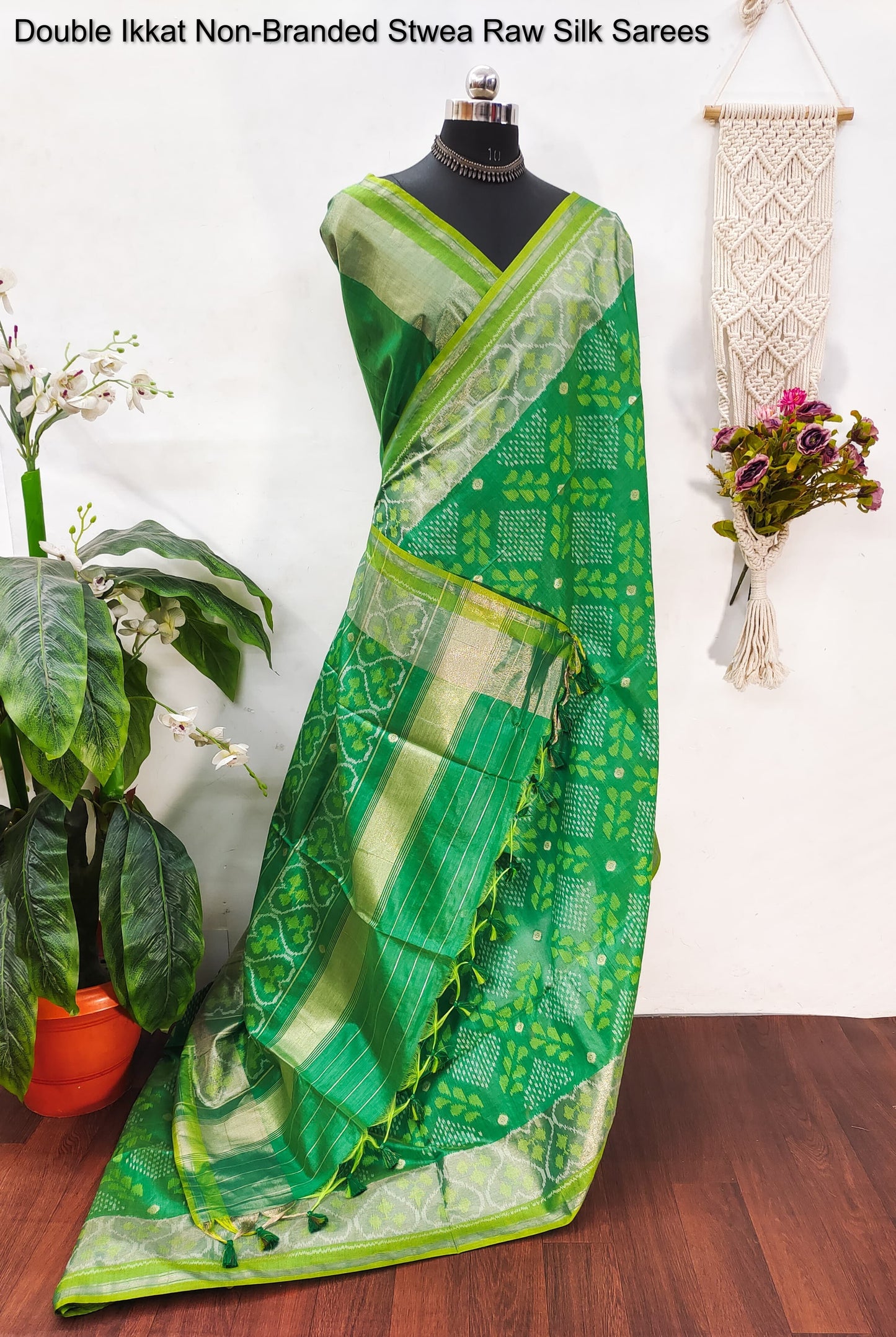 Double Ikkat Non-Branded Stwea Raw Silk Sarees