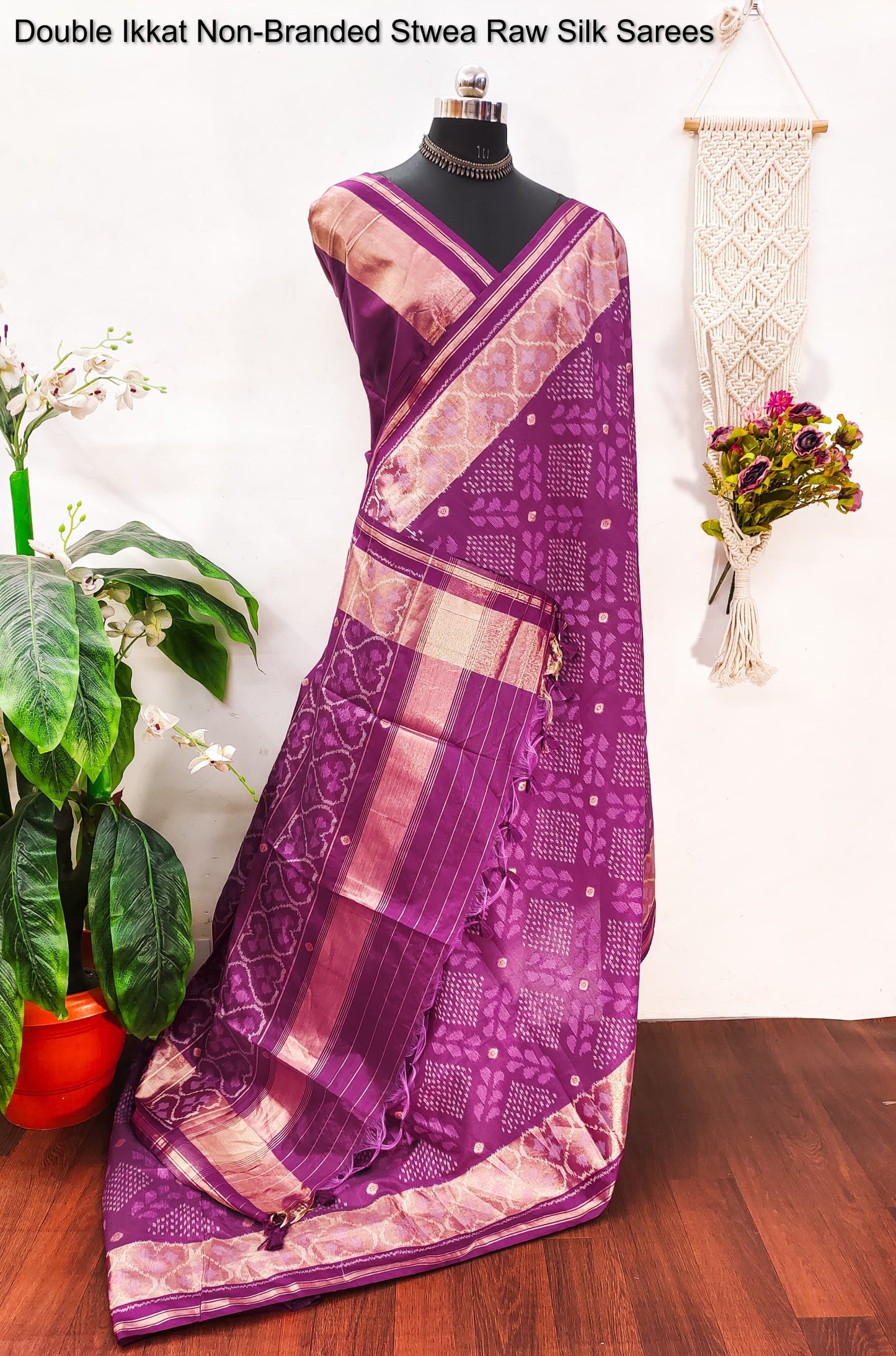 Double Ikkat Non-Branded Stwea Raw Silk Sarees