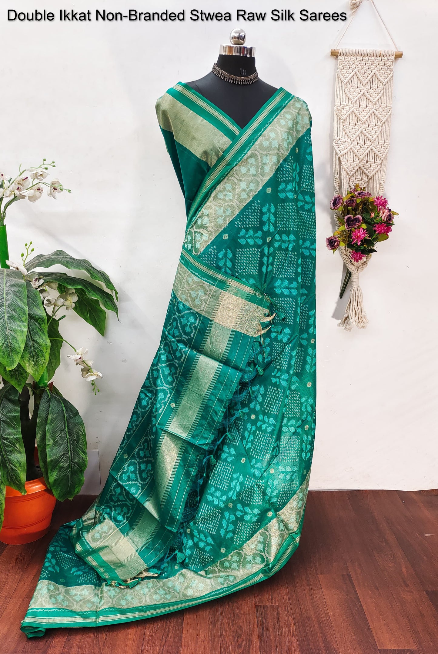Double Ikkat Non-Branded Stwea Raw Silk Sarees
