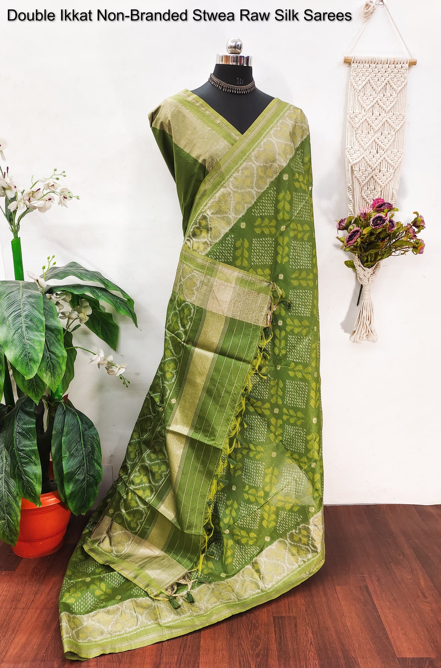 Double Ikkat Non-Branded Stwea Raw Silk Sarees