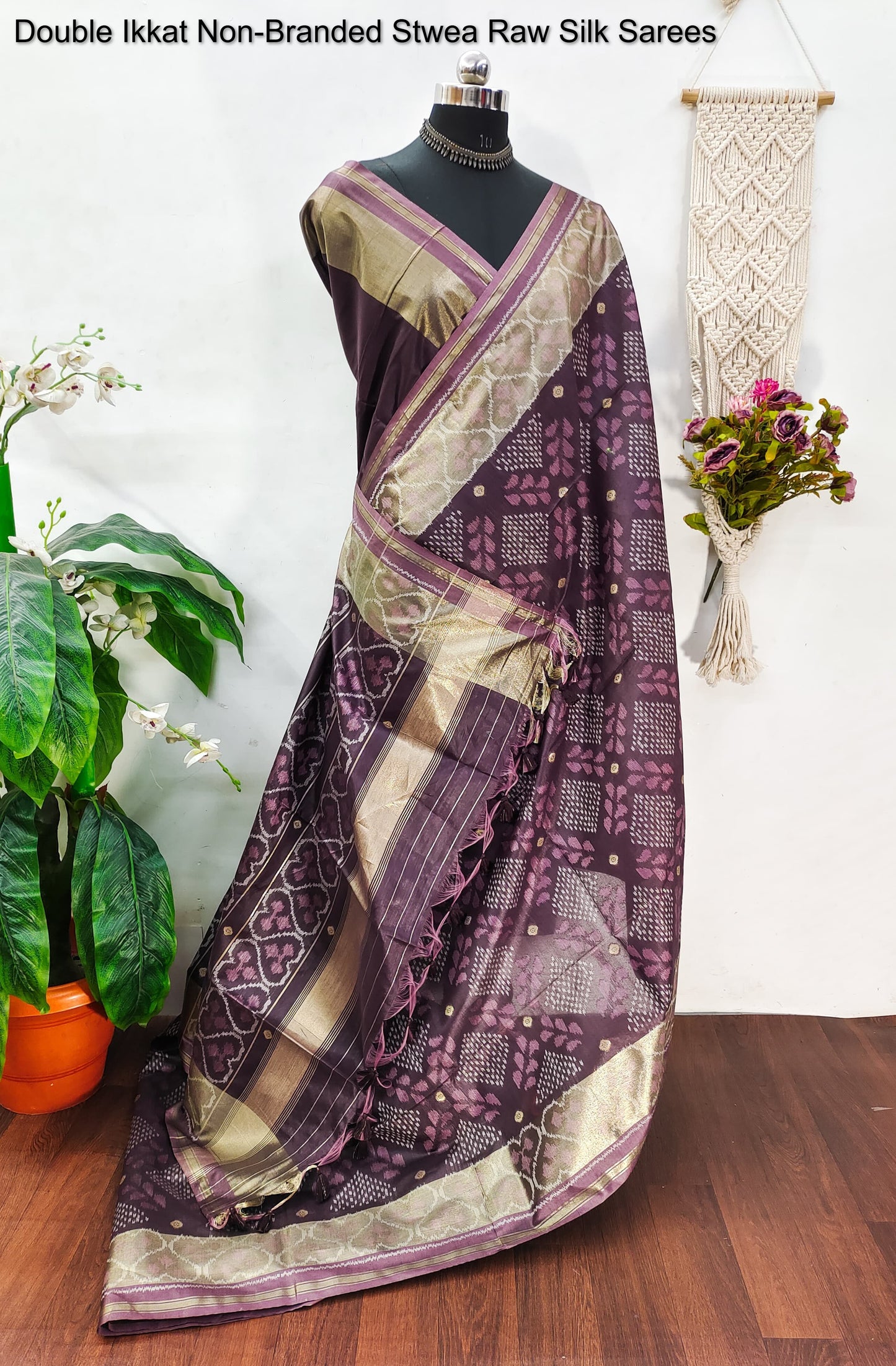 Double Ikkat Non-Branded Stwea Raw Silk Sarees