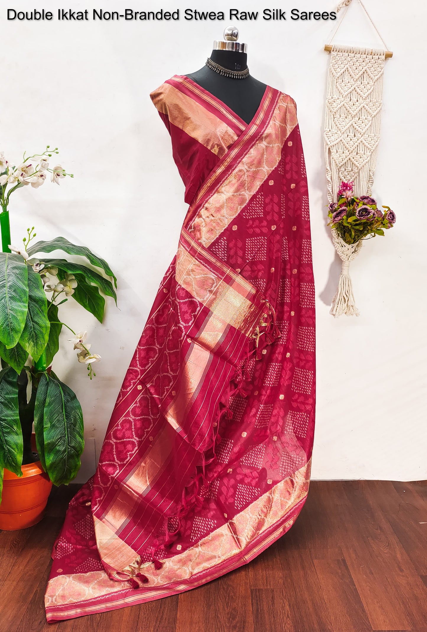 Double Ikkat Non-Branded Stwea Raw Silk Sarees