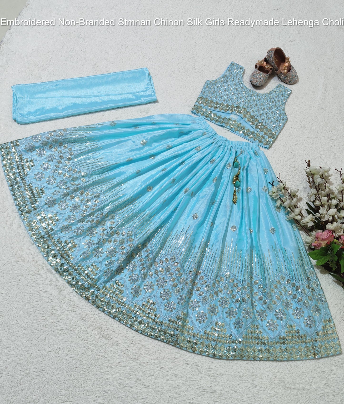 Embroidered Non-Branded Stmnan Chinon Silk Girls Readymade Lehenga Choli