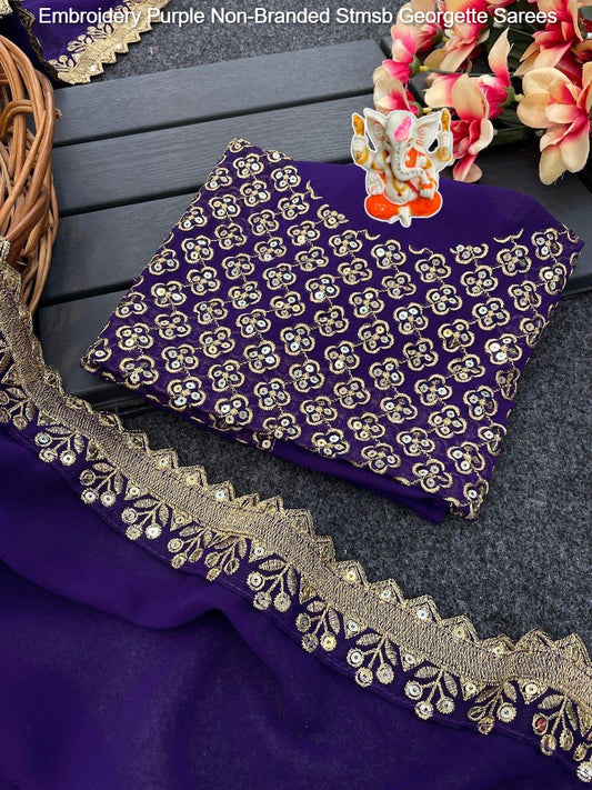 Embroidery Purple Non-Branded Stmsb Georgette Sarees