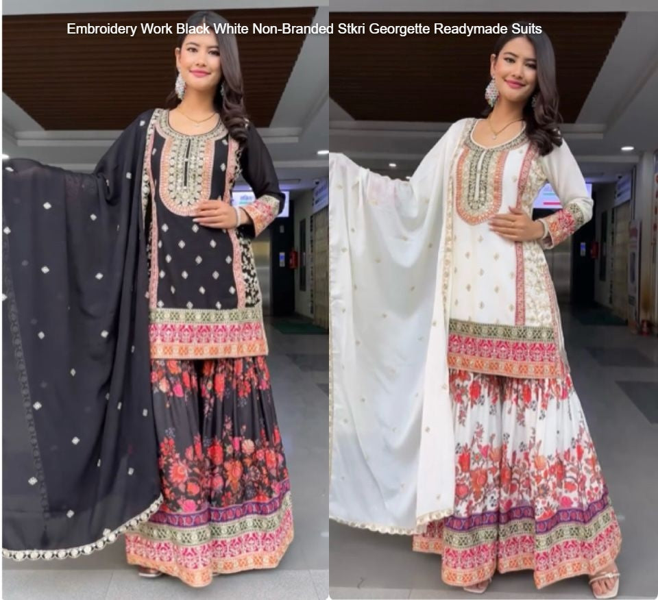 Embroidery Work Black White Non-Branded Stkri Georgette Readymade Suits