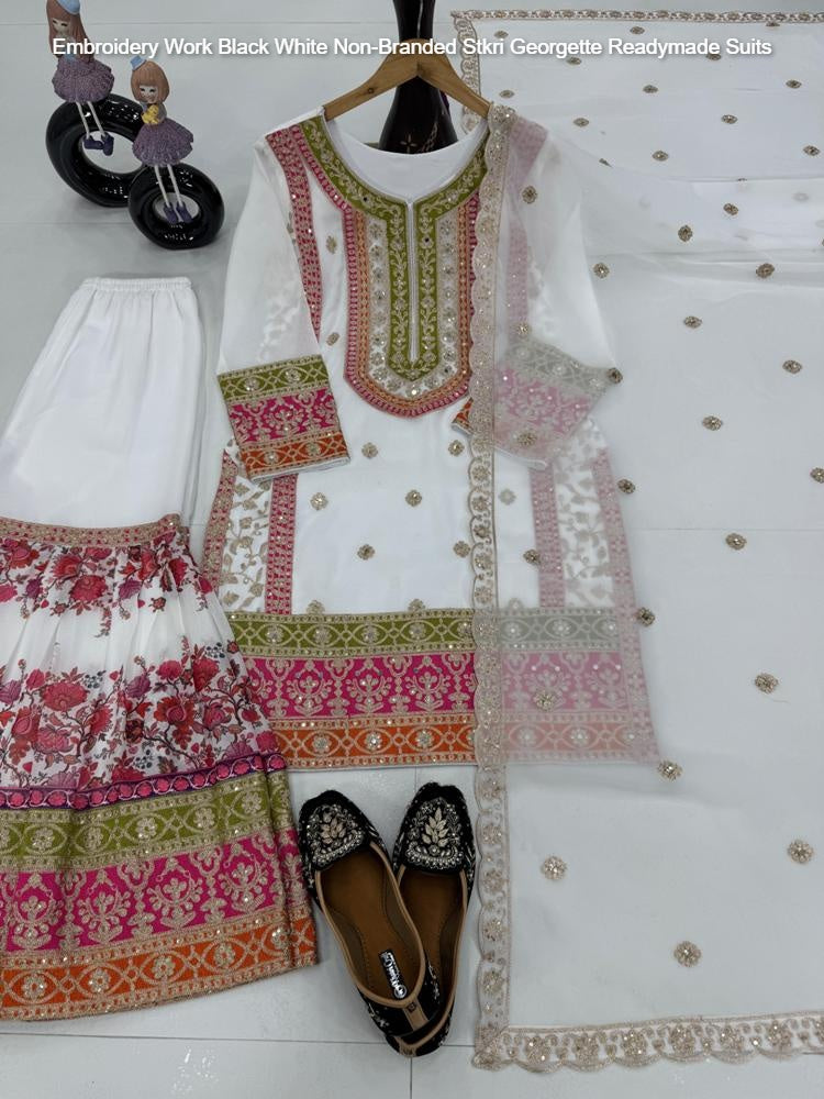 Embroidery Work Black White Non-Branded Stkri Georgette Readymade Suits