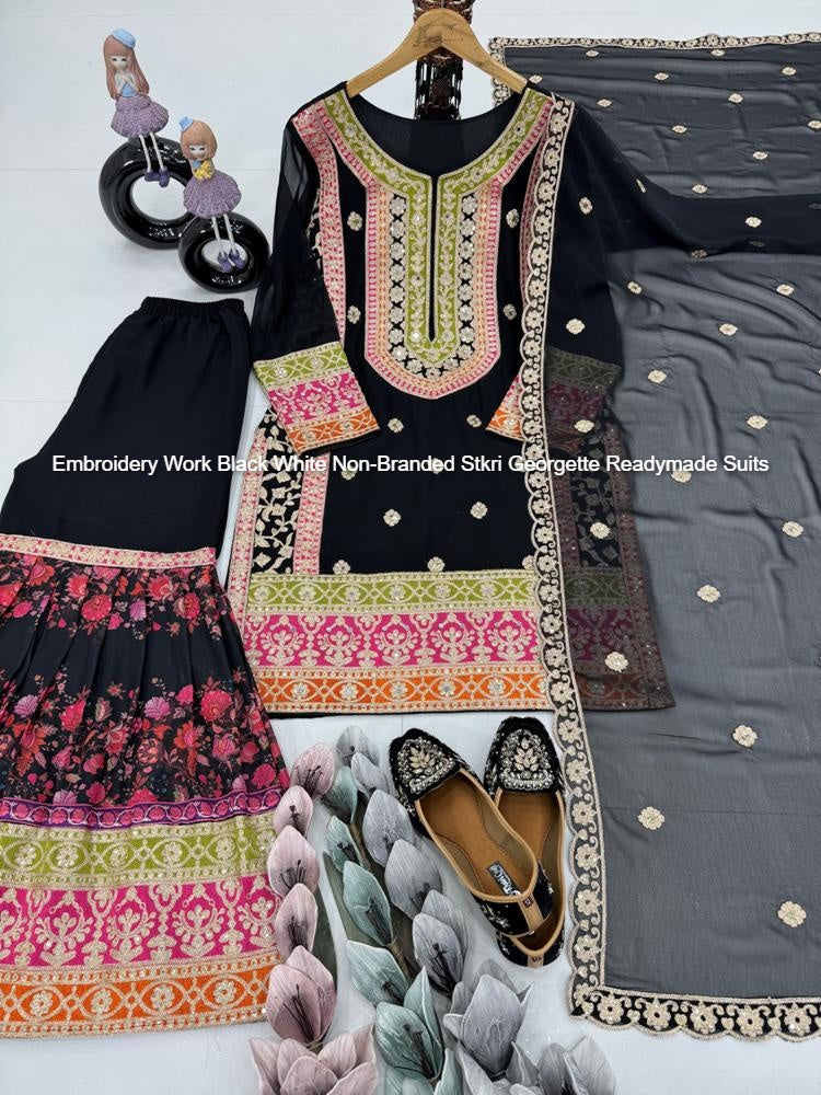 Embroidery Work Black White Non-Branded Stkri Georgette Readymade Suits