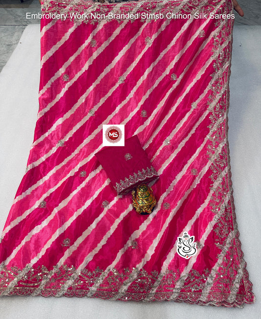 Embroidery Work Non-Branded Stmsb Chinon Silk Sarees