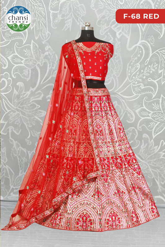 F-68 Red Chansi Trendz Lino Silk Lehenga Choli