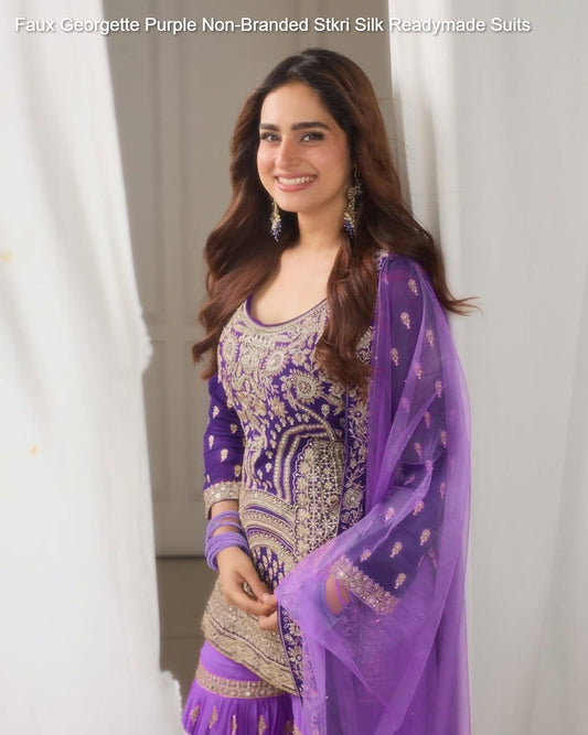 Faux Georgette Purple Non-Branded Stkri Silk Readymade Suits