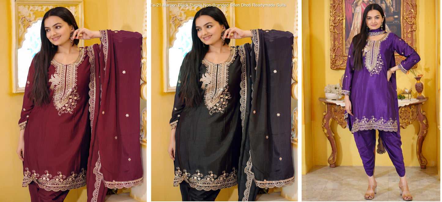 Fe-21 Maroon Black Purple Non-Branded Stfen Dhoti Readymade Suits