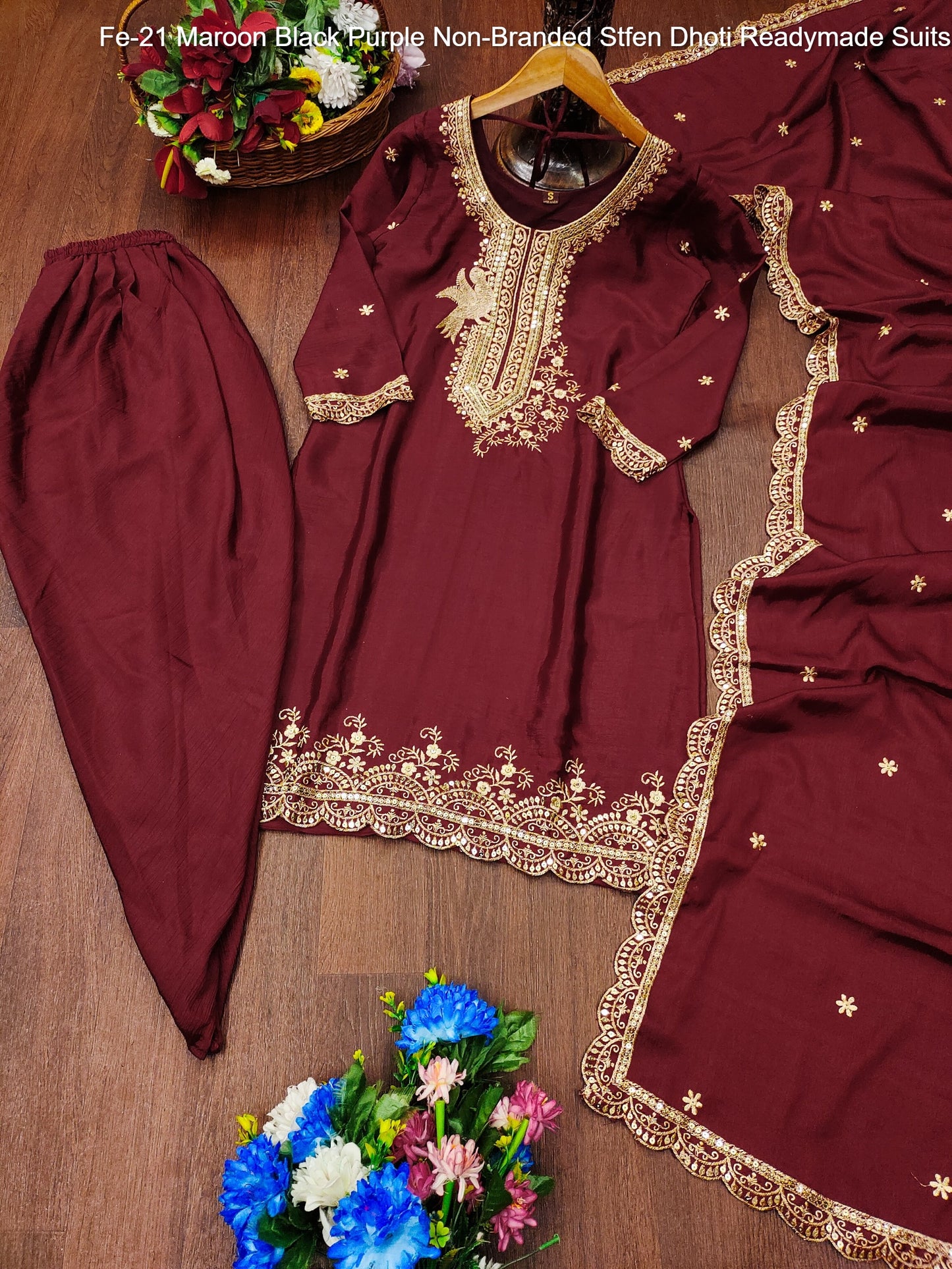 Fe-21 Maroon Black Purple Non-Branded Stfen Dhoti Readymade Suits