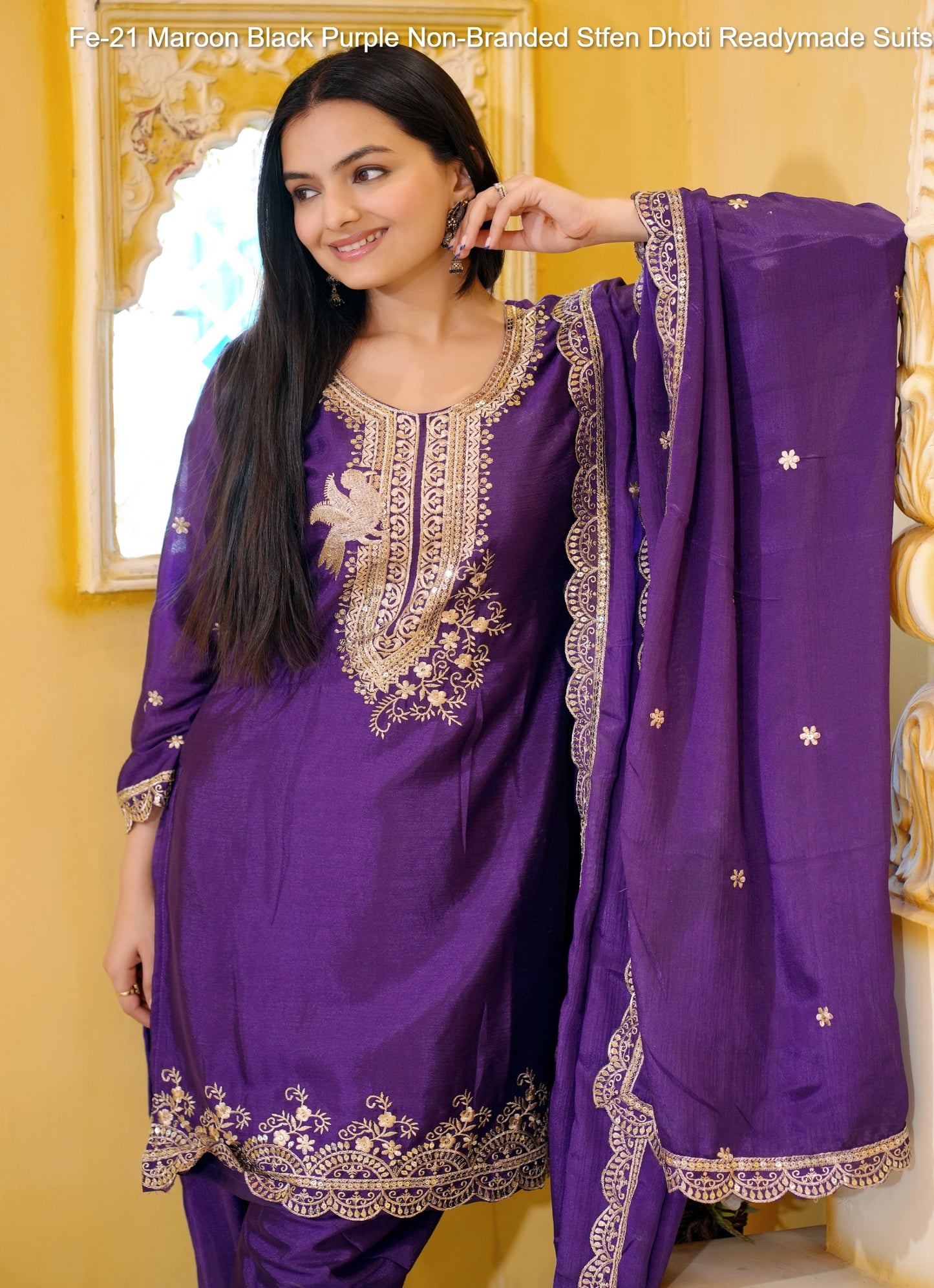 Fe-21 Maroon Black Purple Non-Branded Stfen Dhoti Readymade Suits