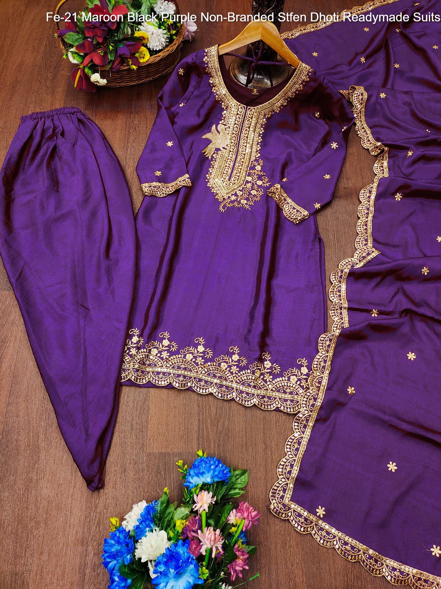 Fe-21 Maroon Black Purple Non-Branded Stfen Dhoti Readymade Suits