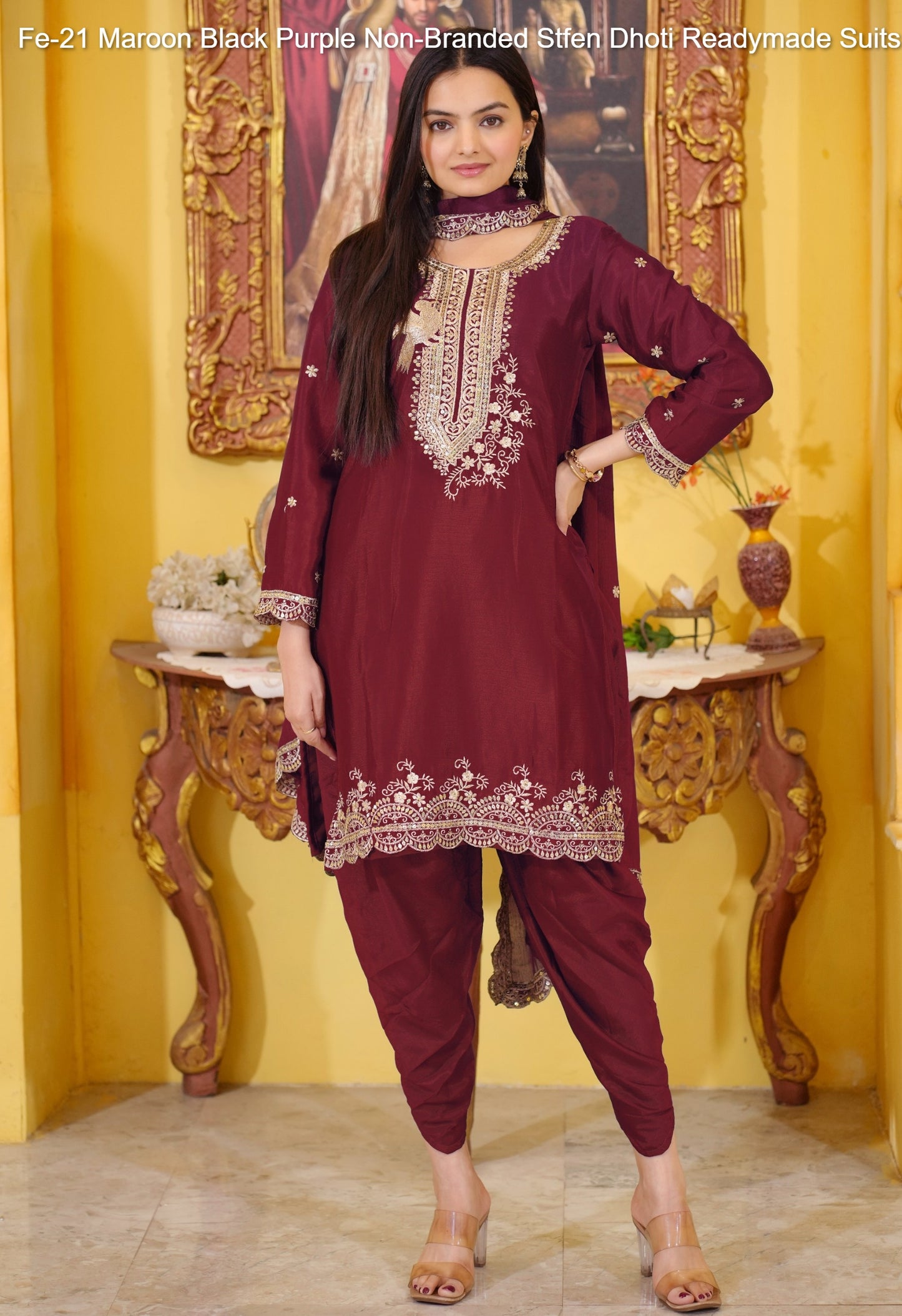 Fe-21 Maroon Black Purple Non-Branded Stfen Dhoti Readymade Suits