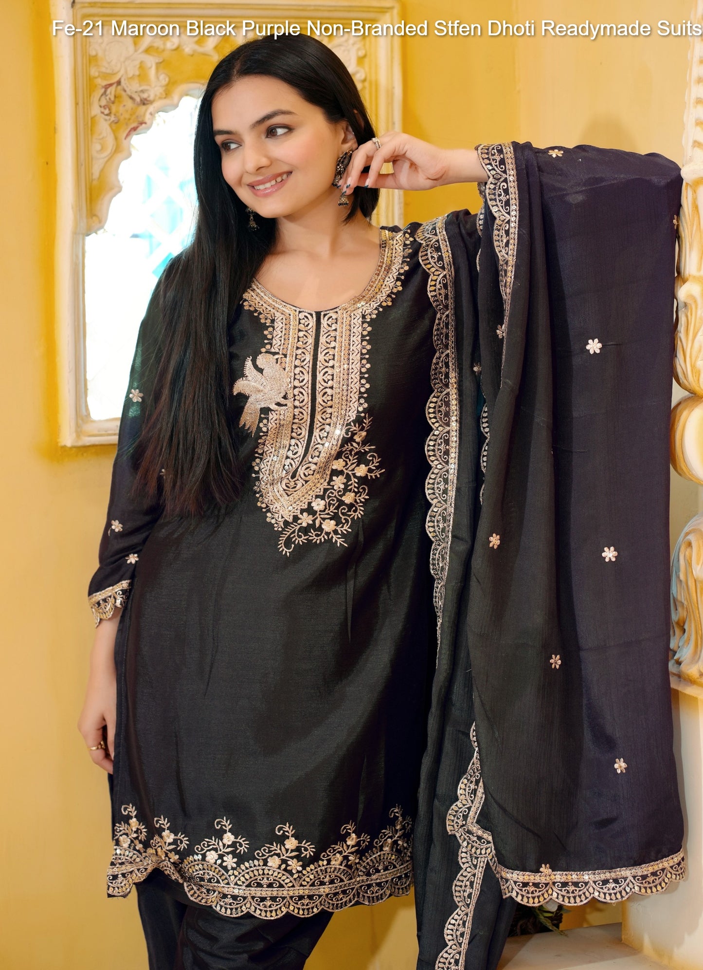 Fe-21 Maroon Black Purple Non-Branded Stfen Dhoti Readymade Suits