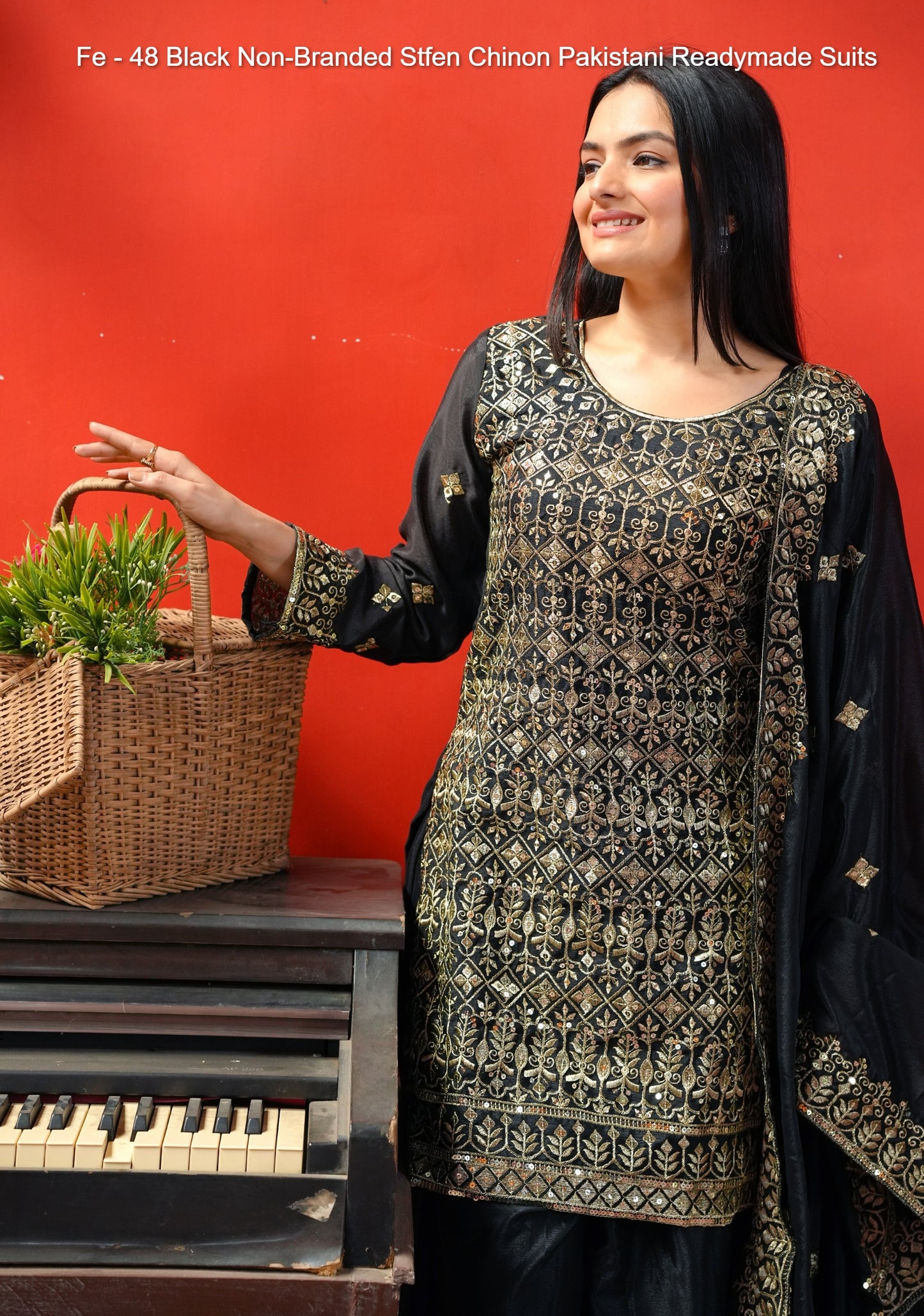 Fe - 48 Black Non-Branded Stfen Chinon Pakistani Readymade Suits