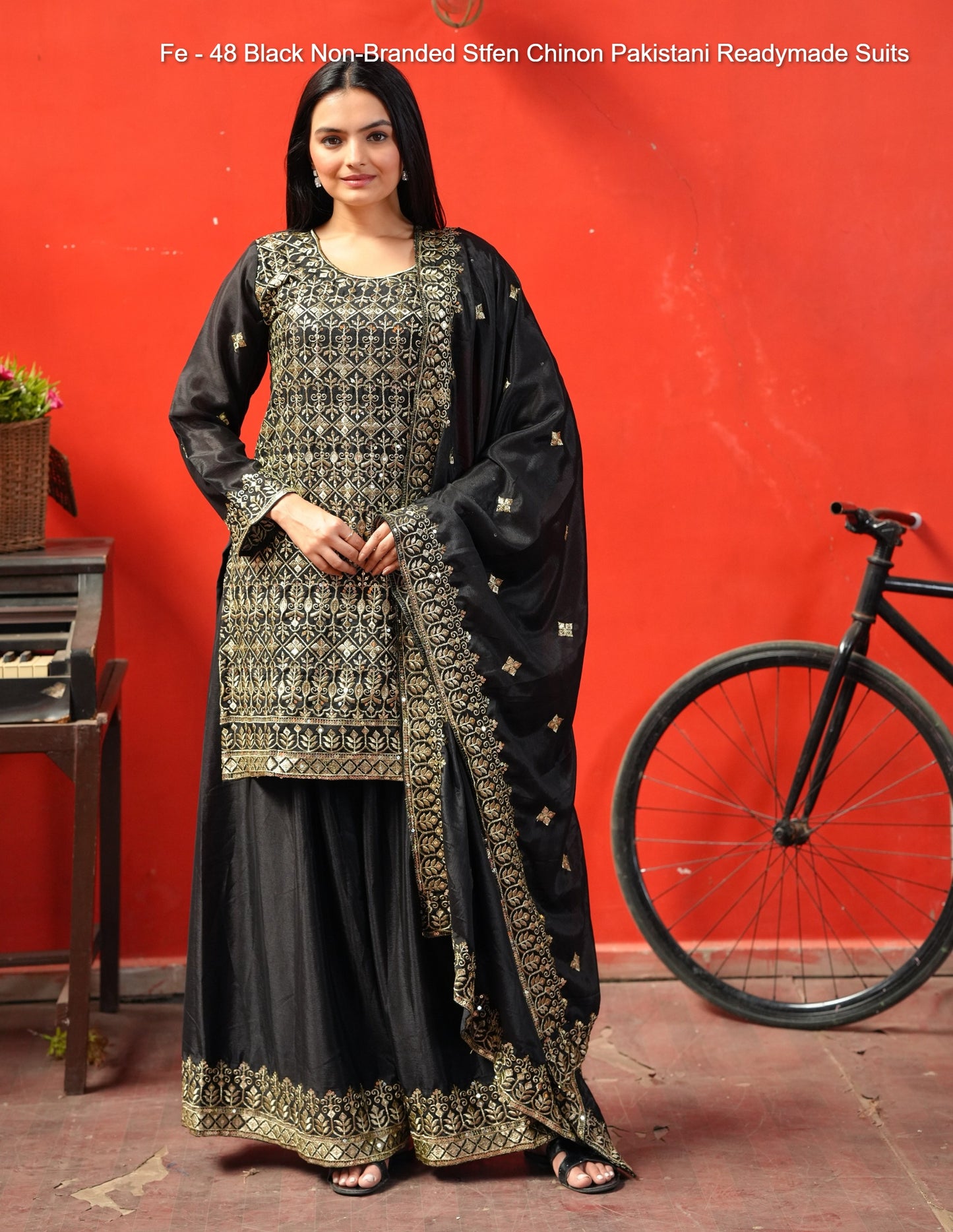 Fe - 48 Black Non-Branded Stfen Chinon Pakistani Readymade Suits