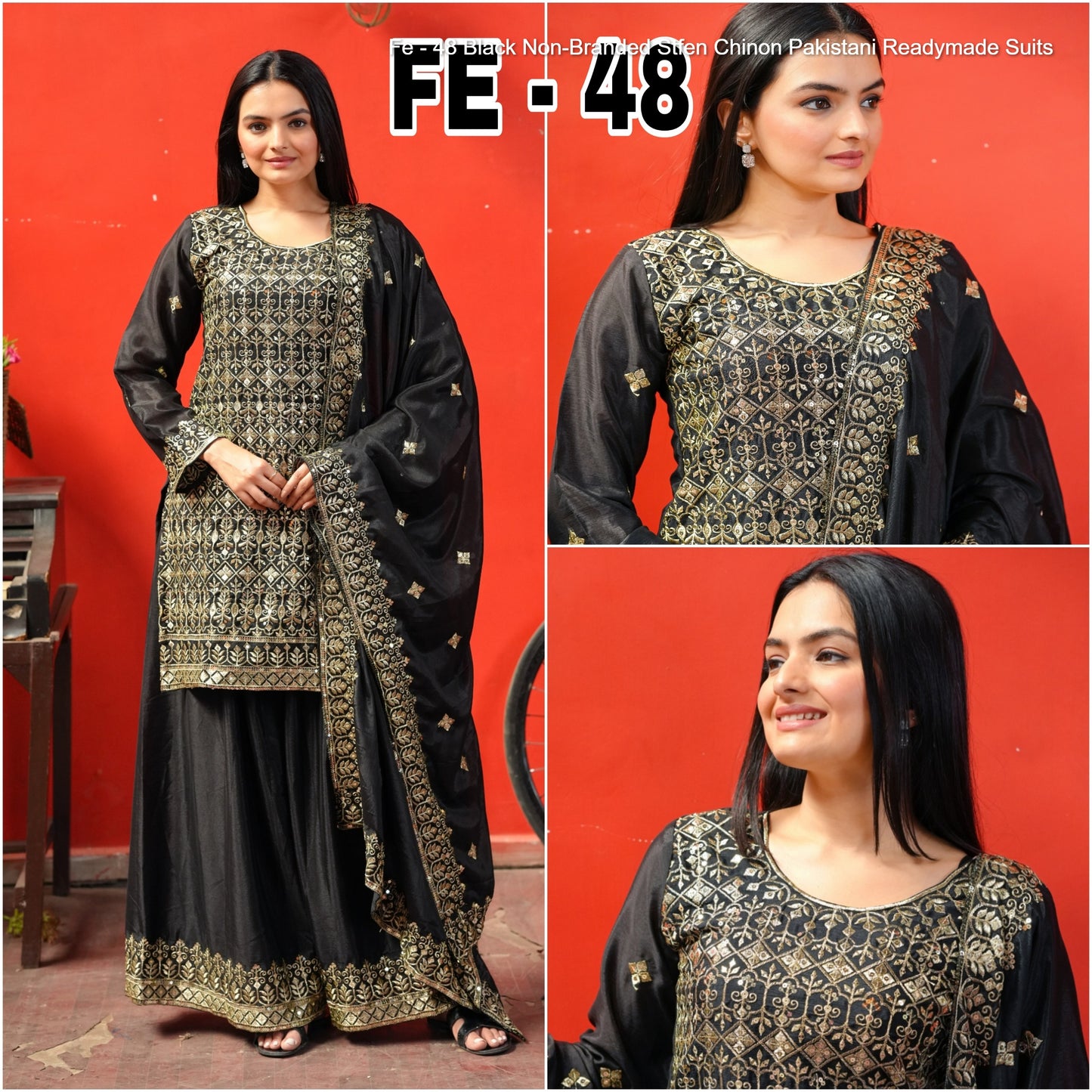 Fe - 48 Black Non-Branded Stfen Chinon Pakistani Readymade Suits