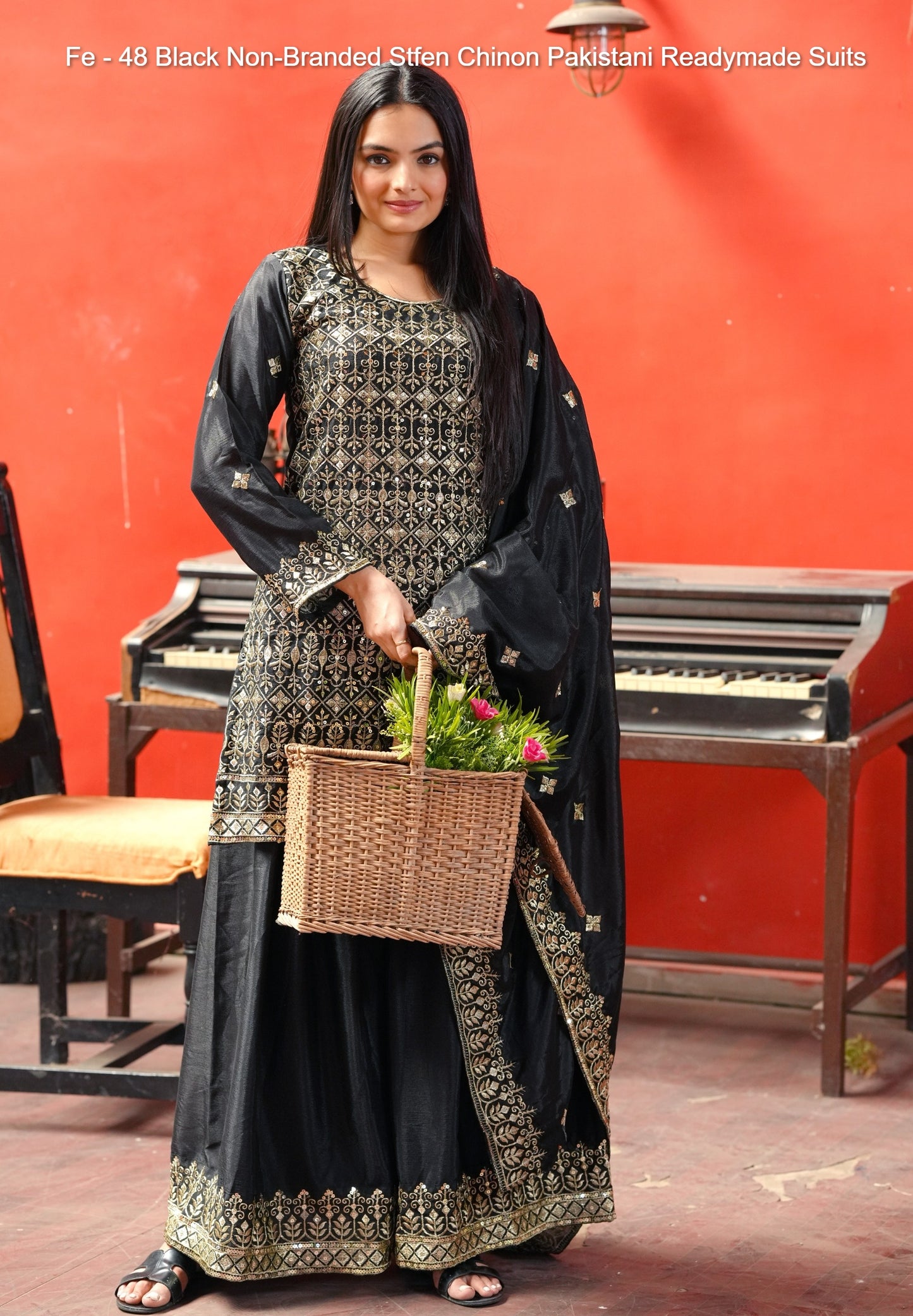 Fe - 48 Black Non-Branded Stfen Chinon Pakistani Readymade Suits