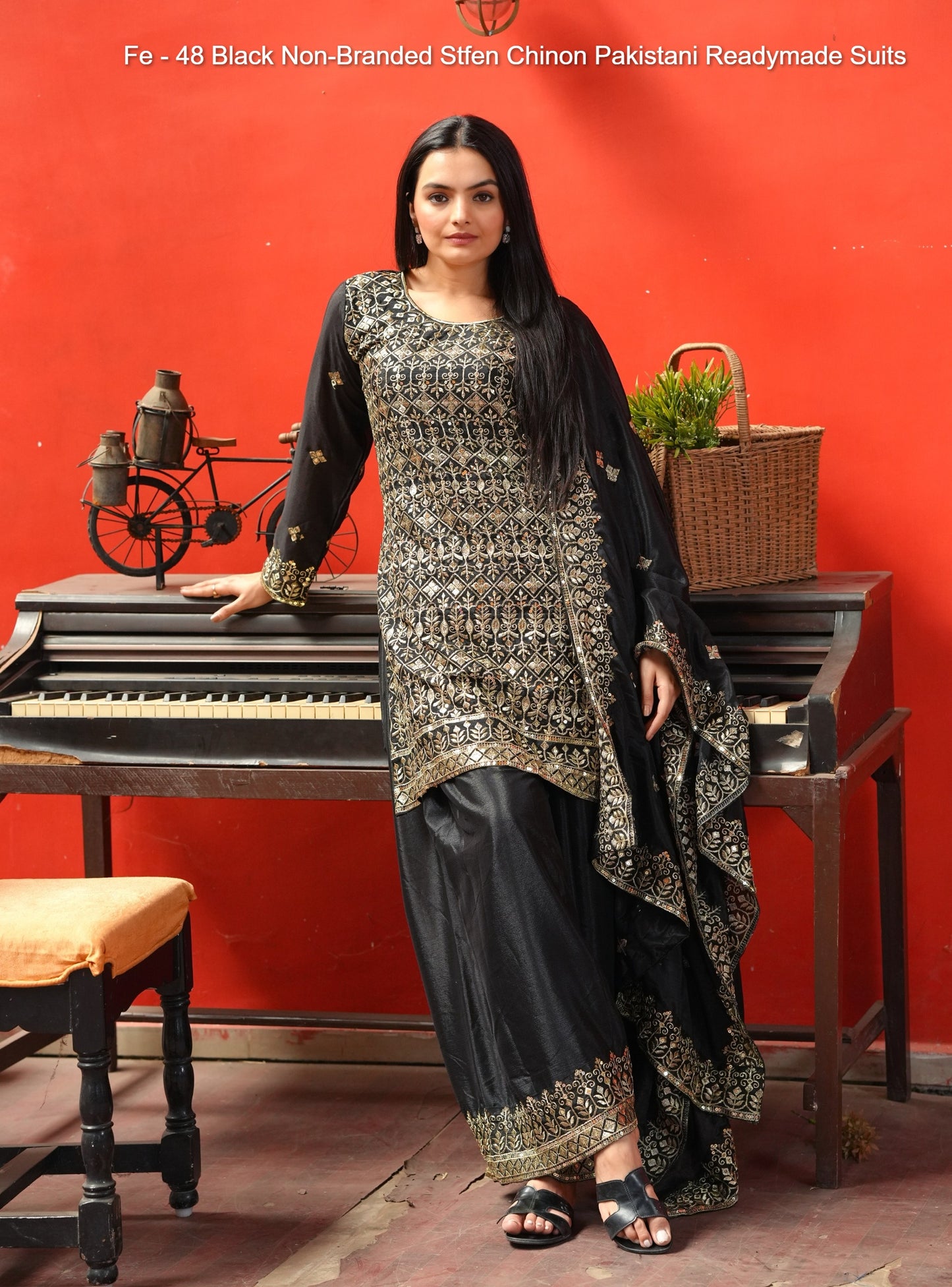 Fe - 48 Black Non-Branded Stfen Chinon Pakistani Readymade Suits