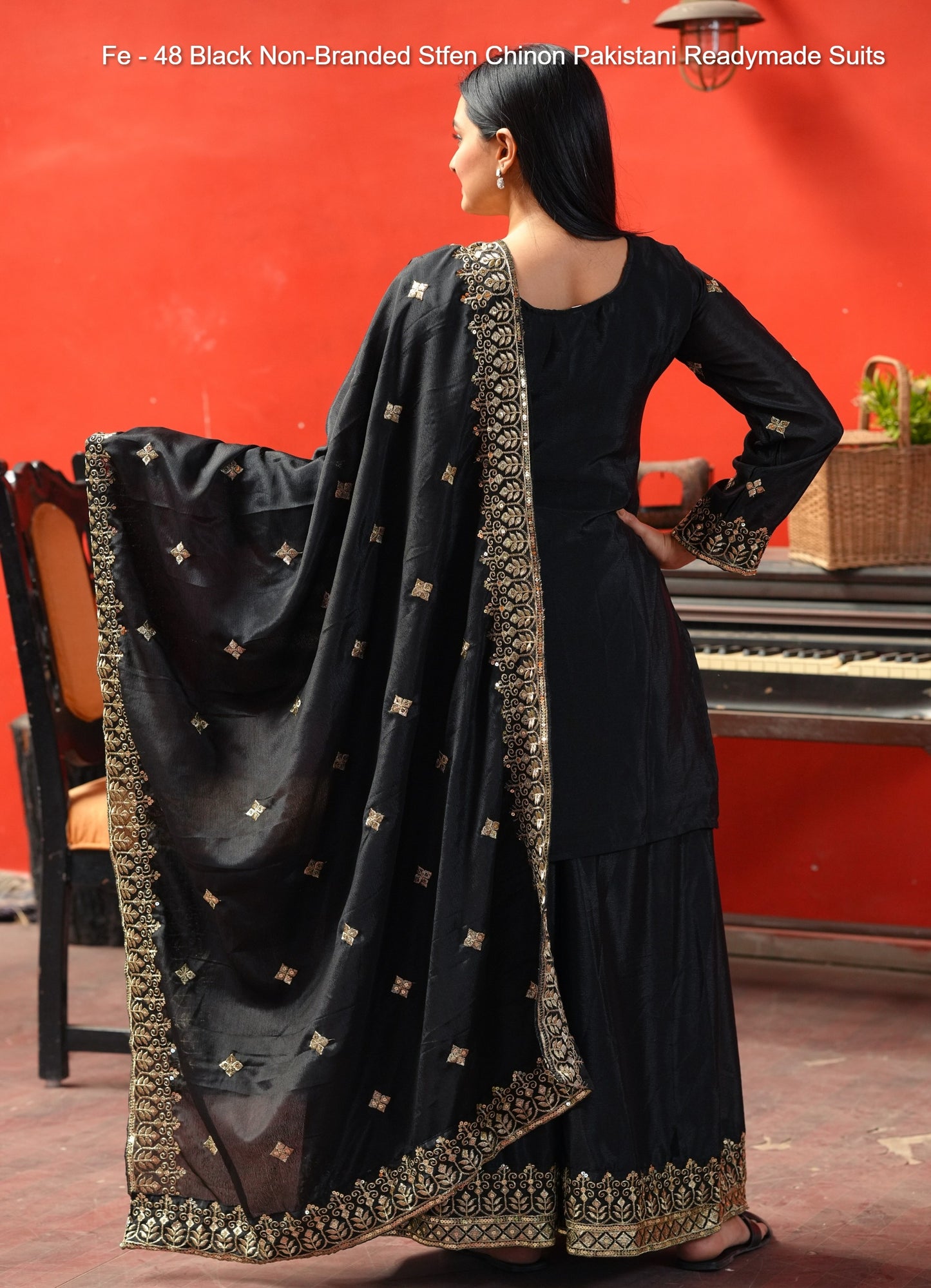 Fe - 48 Black Non-Branded Stfen Chinon Pakistani Readymade Suits