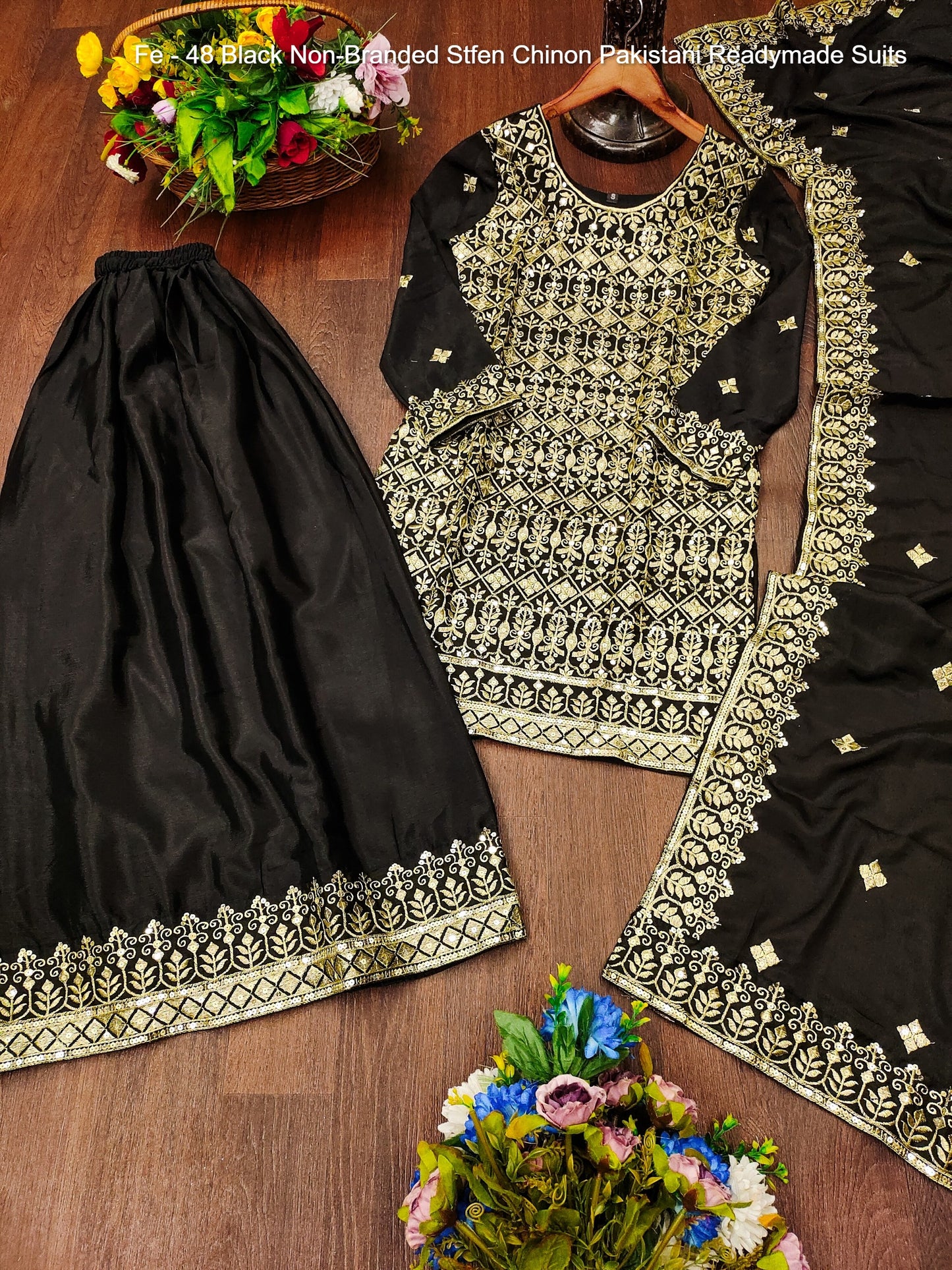 Fe - 48 Black Non-Branded Stfen Chinon Pakistani Readymade Suits