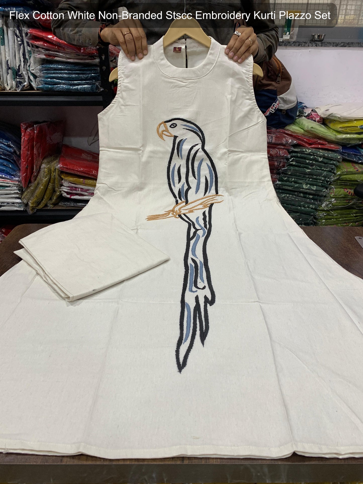 Flex Cotton White Non-Branded Stscc Embroidery Kurti Plazzo Set