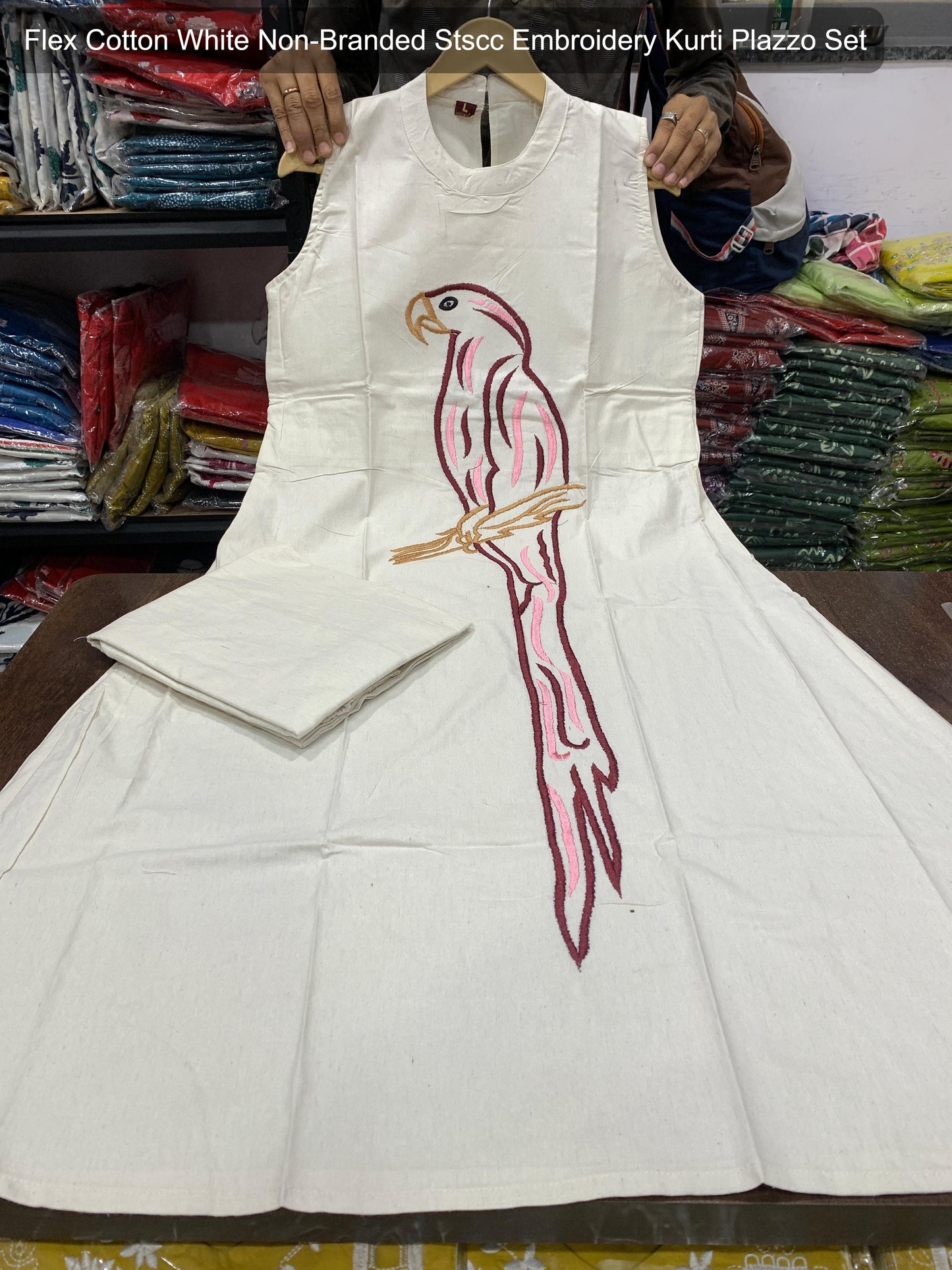 Flex Cotton White Non-Branded Stscc Embroidery Kurti Plazzo Set