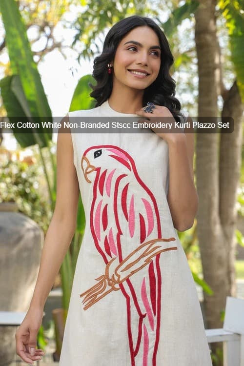 Flex Cotton White Non-Branded Stscc Embroidery Kurti Plazzo Set