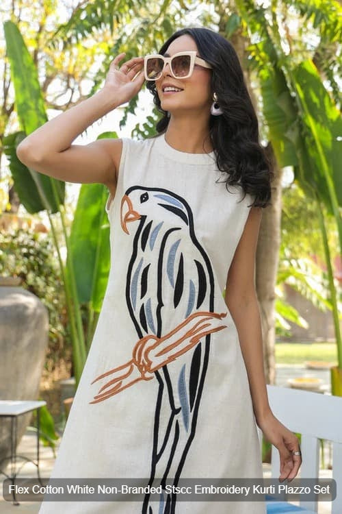 Flex Cotton White Non-Branded Stscc Embroidery Kurti Plazzo Set