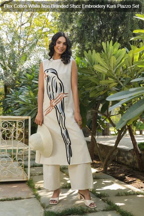 Flex Cotton White Non-Branded Stscc Embroidery Kurti Plazzo Set