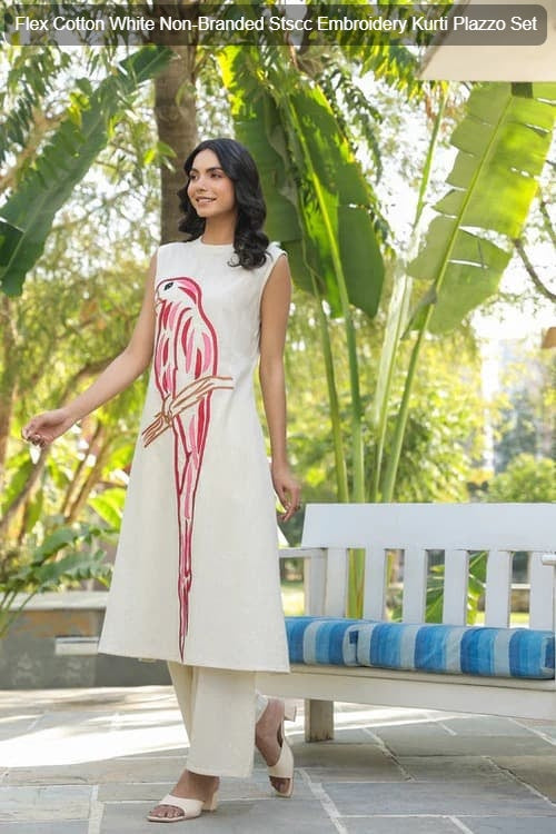 Flex Cotton White Non-Branded Stscc Embroidery Kurti Plazzo Set