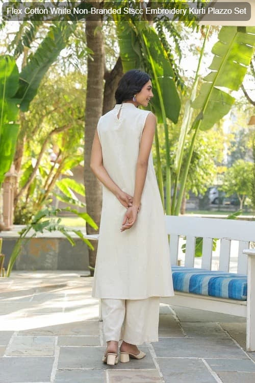 Flex Cotton White Non-Branded Stscc Embroidery Kurti Plazzo Set
