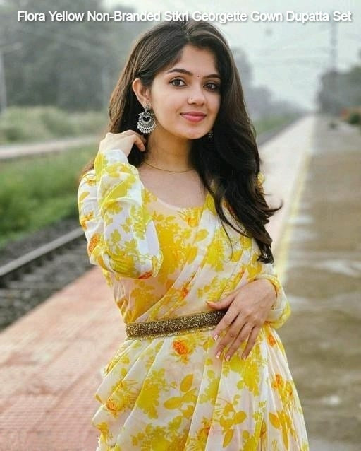 Flora Yellow Non-Branded Stkri Georgette Gown Dupatta Set