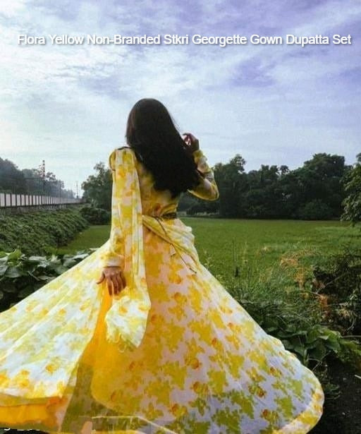Flora Yellow Non-Branded Stkri Georgette Gown Dupatta Set
