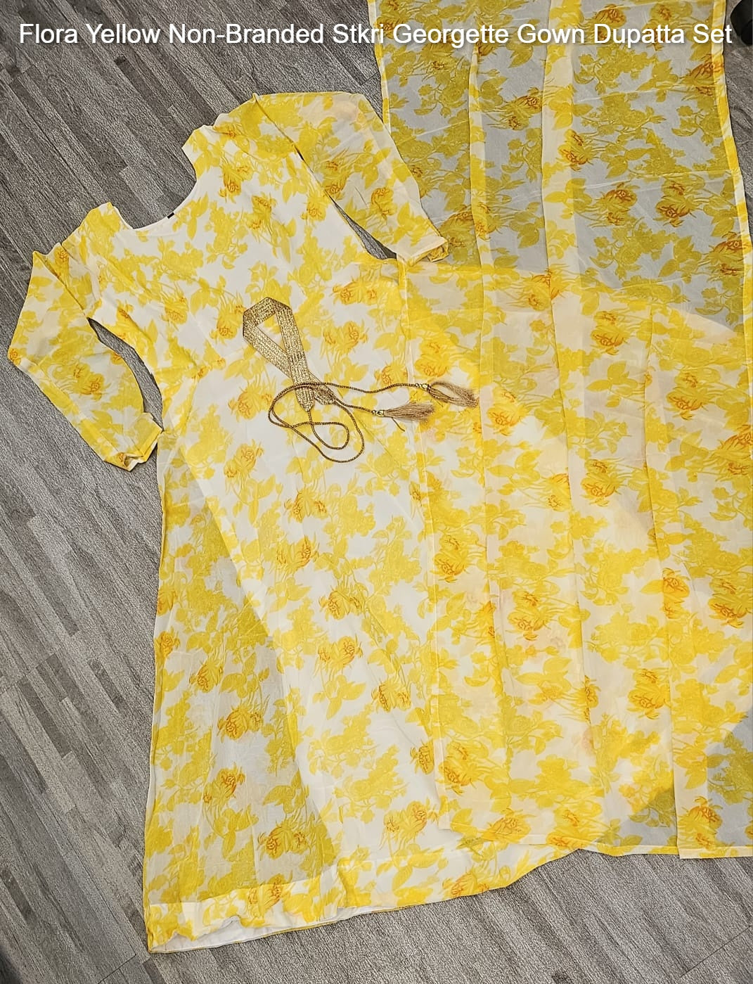 Flora Yellow Non-Branded Stkri Georgette Gown Dupatta Set