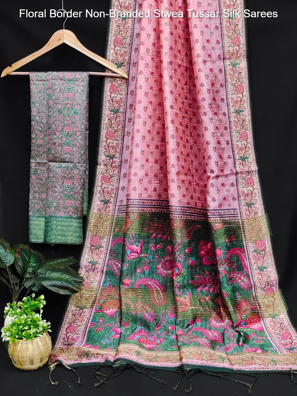 Floral Border Non-Branded Stwea Tussar Silk Sarees