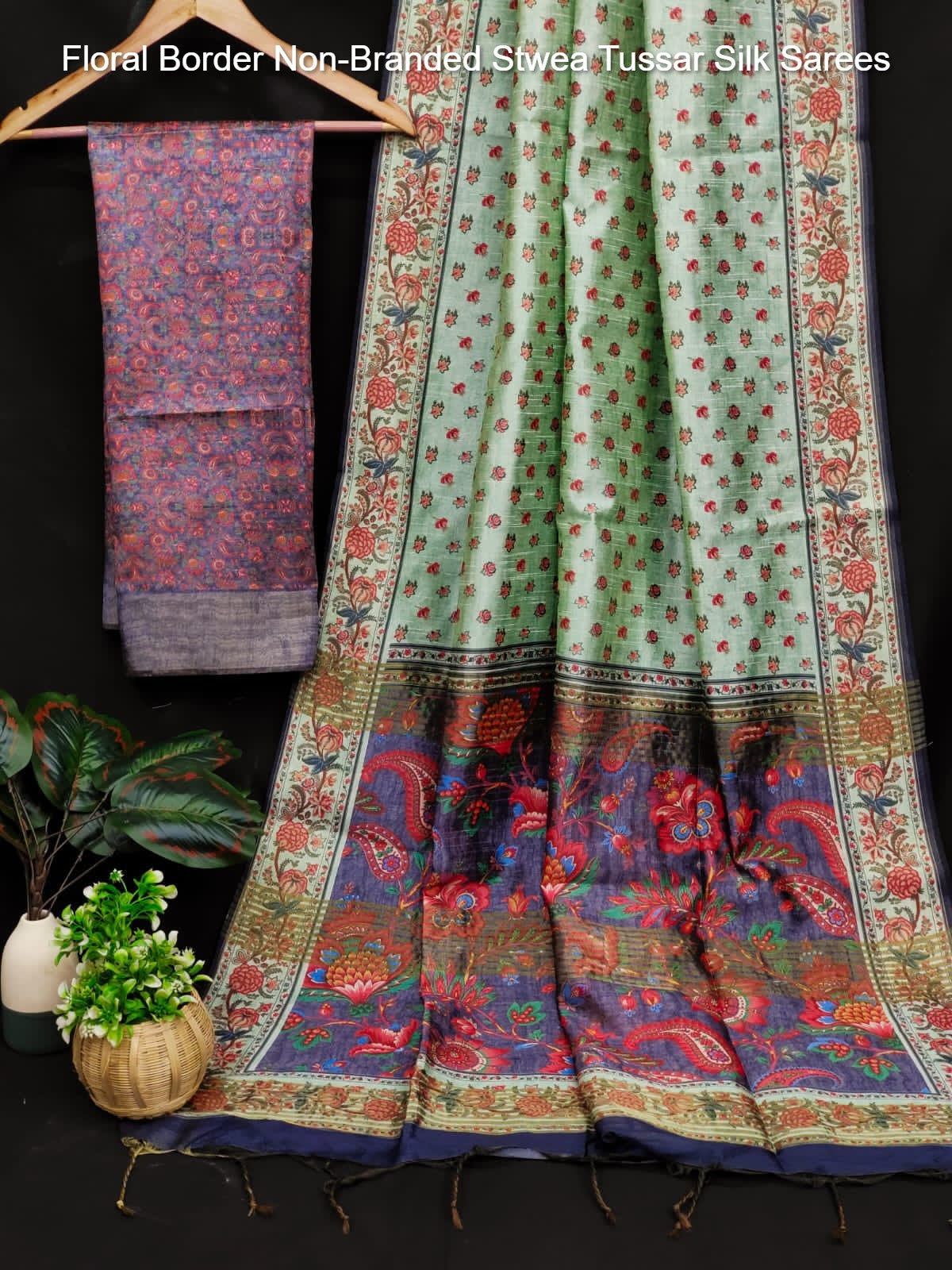 Floral Border Non-Branded Stwea Tussar Silk Sarees