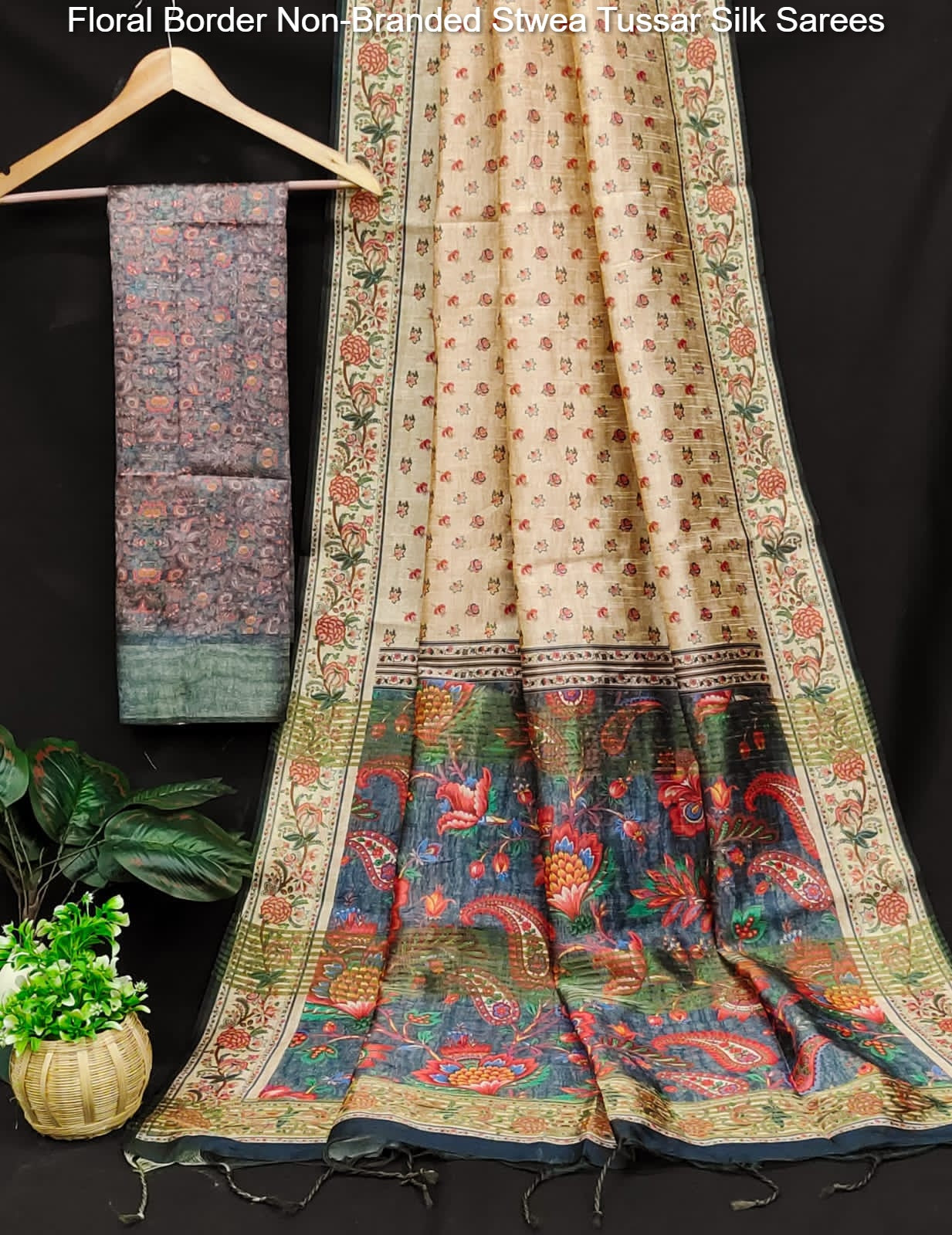 Floral Border Non-Branded Stwea Tussar Silk Sarees
