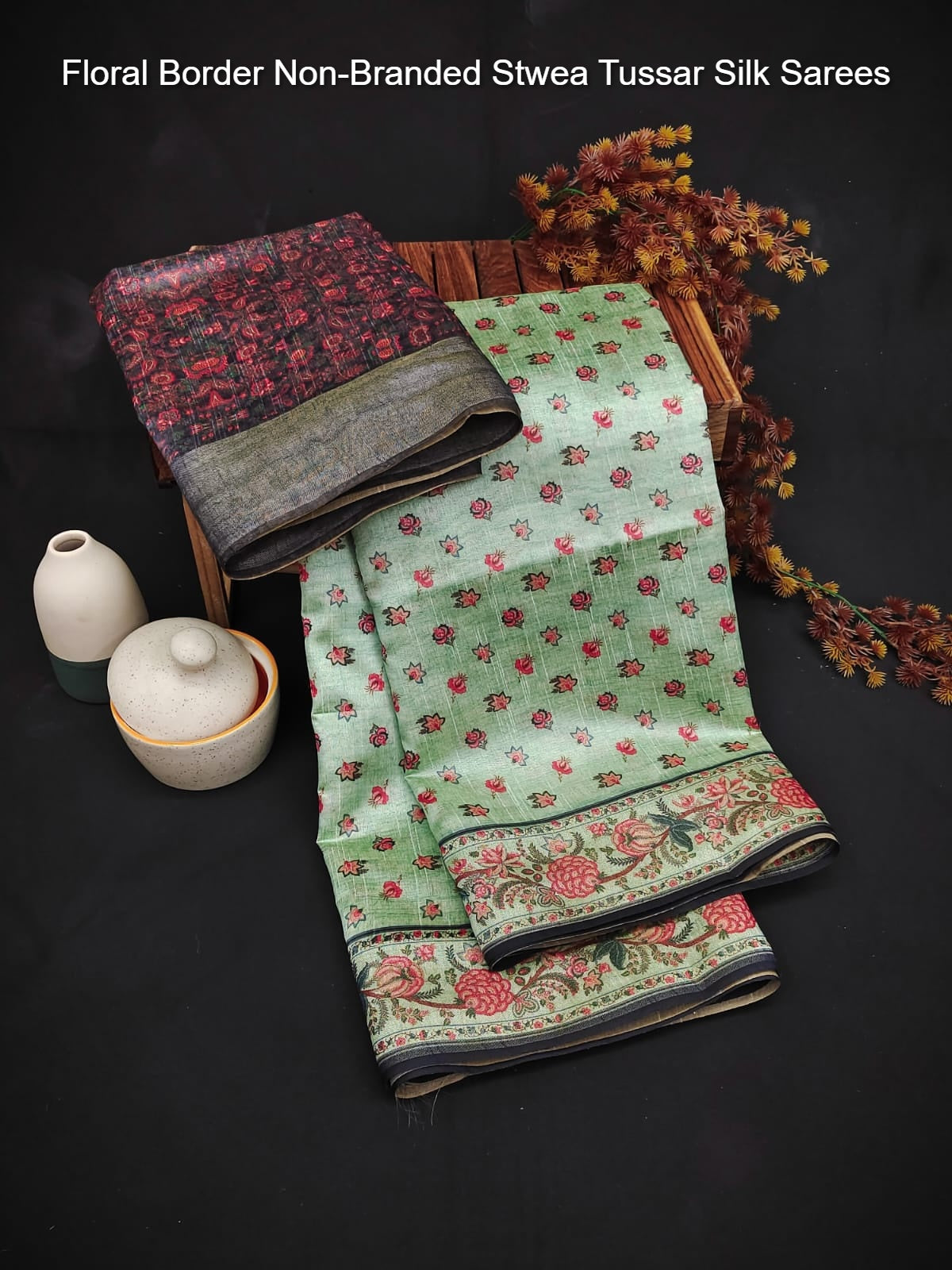 Floral Border Non-Branded Stwea Tussar Silk Sarees