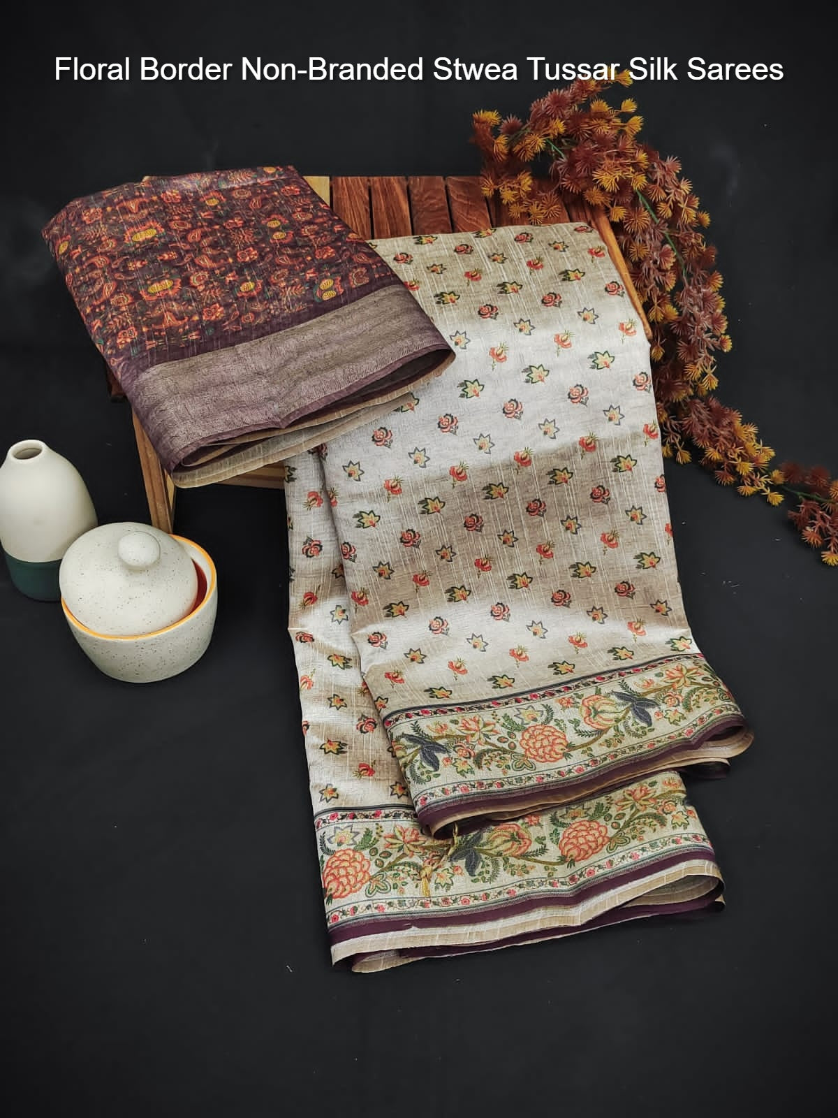 Floral Border Non-Branded Stwea Tussar Silk Sarees