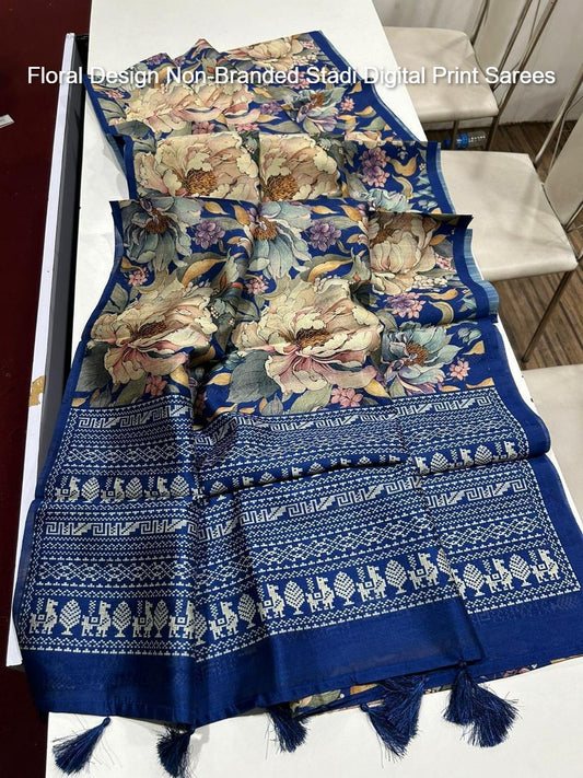 Floral Design Non-Branded Stadi Digital Print Sarees