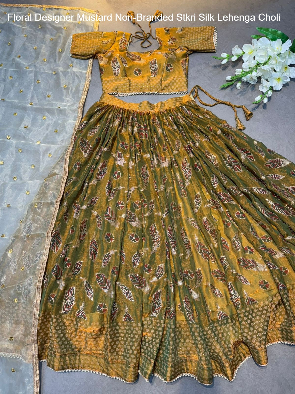Floral Designer Mustard Non-Branded Stkri Silk Lehenga Choli